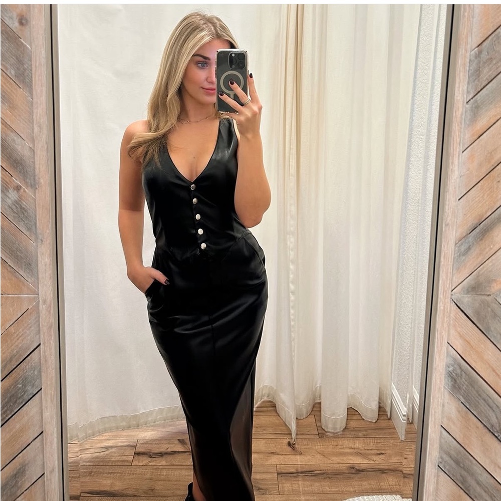 Amanda Uprichard Ethan Black Faux Leather Vest Pencil Dress Small Sleeveless